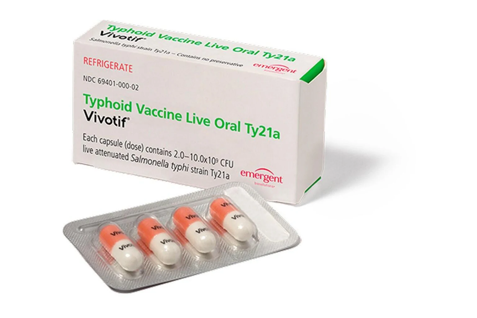 Vivotif oral typhoid vaccine box with a blister pack of four capsules