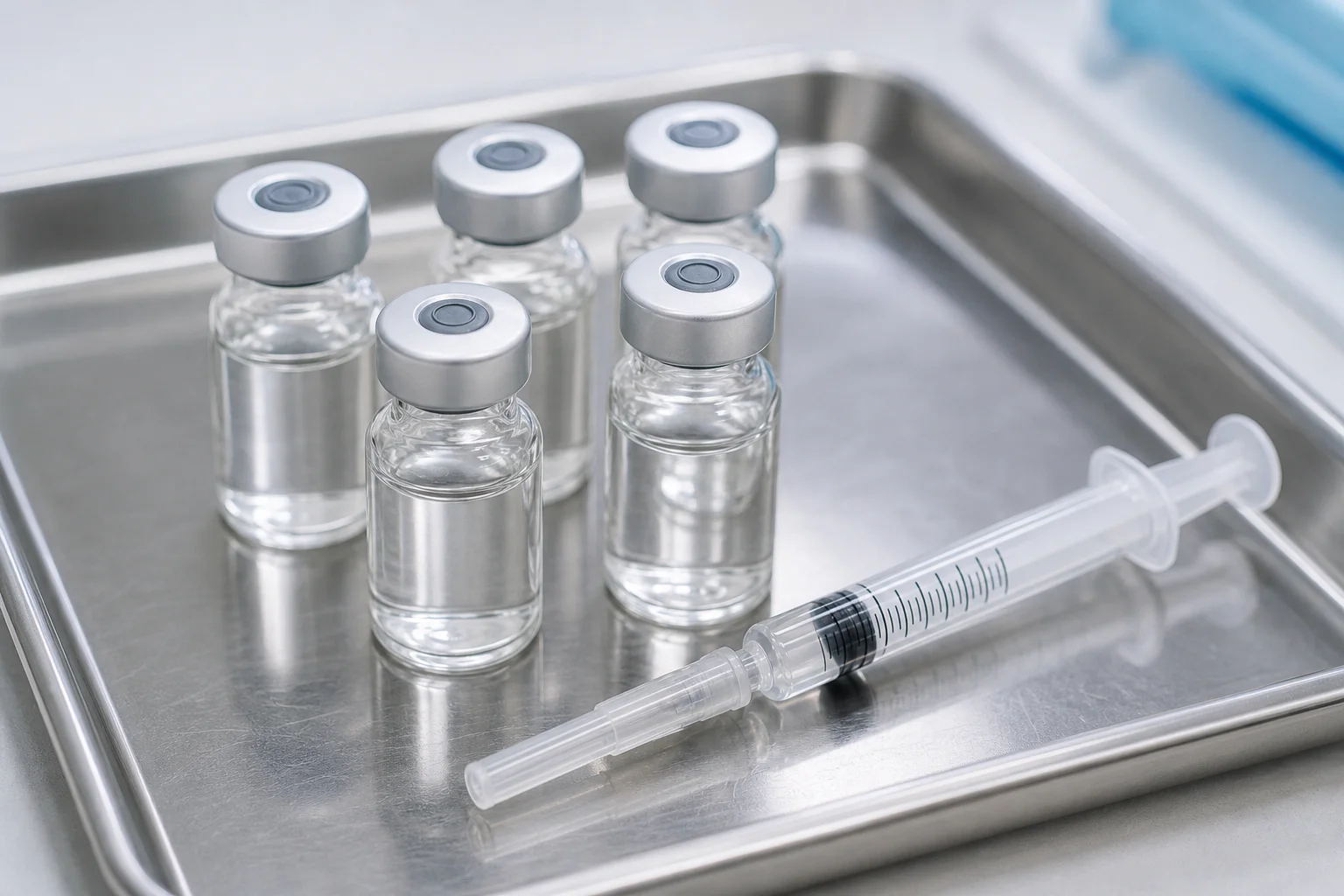 Close-up of vaccine vials and a syringe prepared on a clinical tray