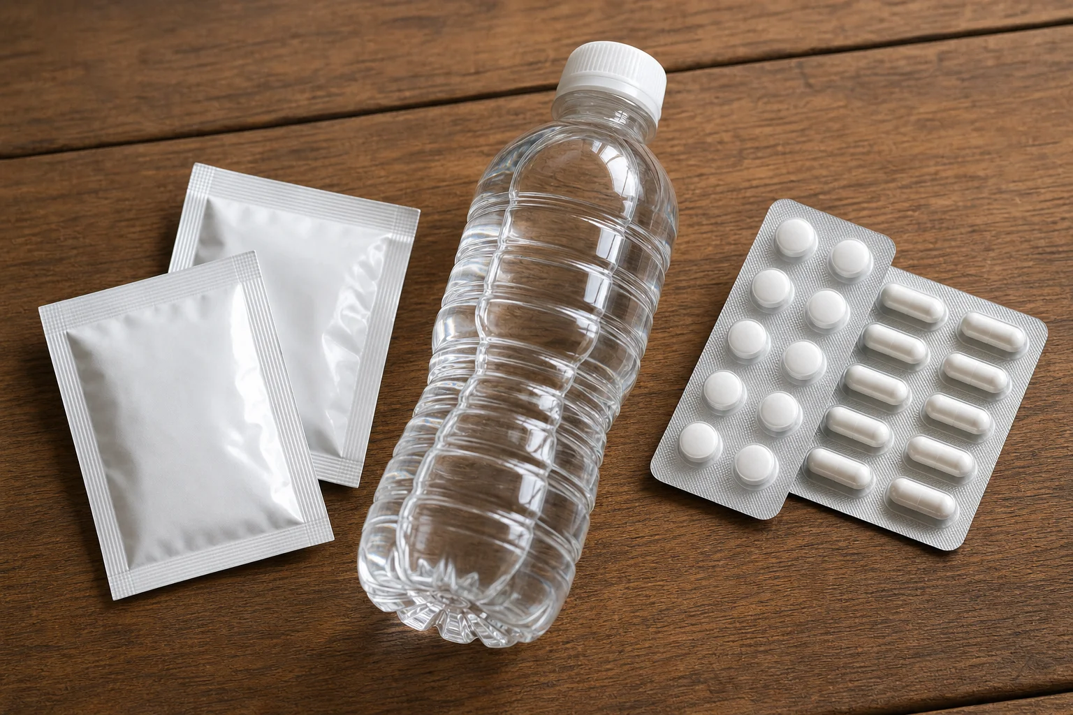 Oral rehydration salts, bottled water, and diarrhea medication arranged in a travel first aid kit