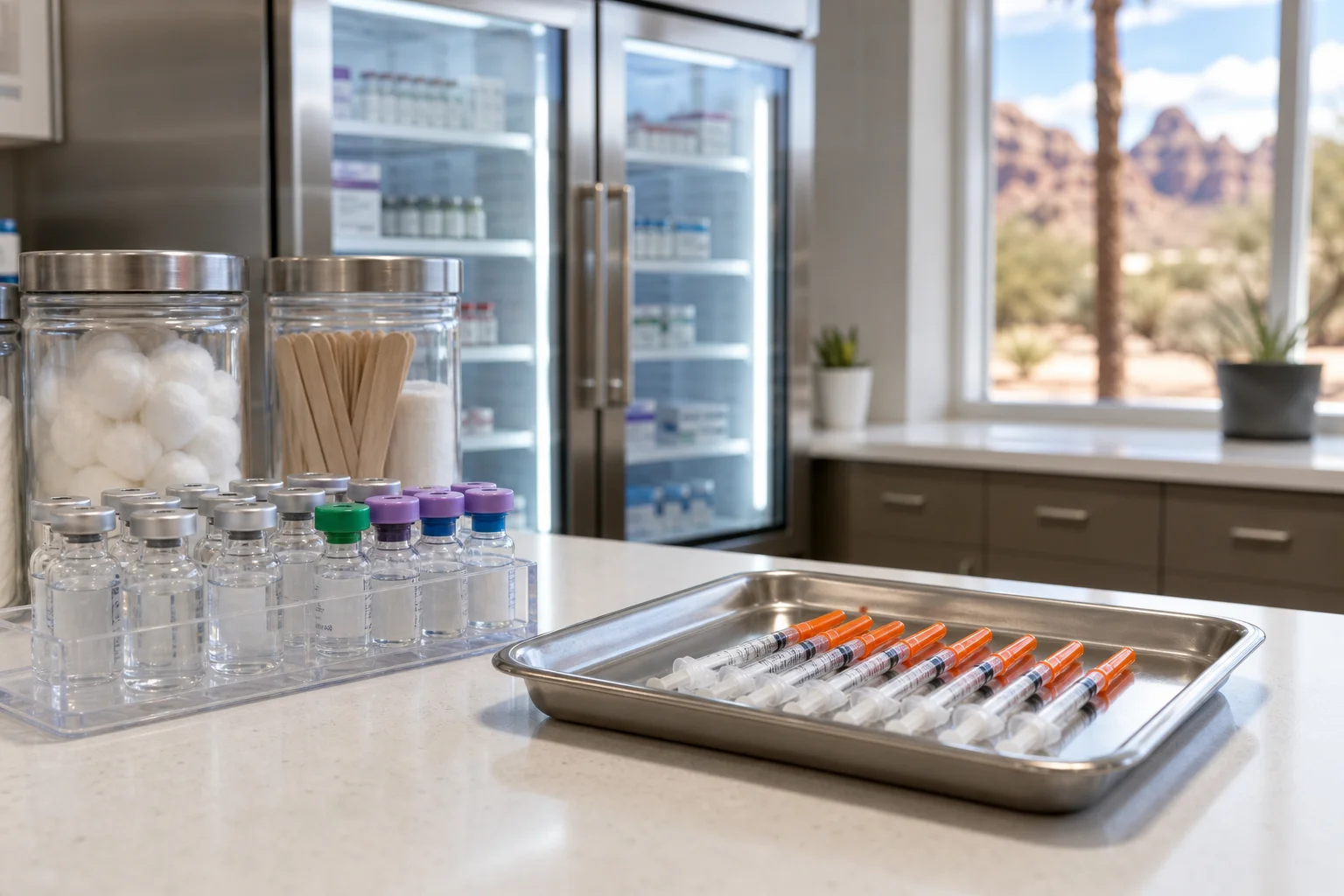 Pharmacy immunization counter with vaccine vials representing travel vaccines near me options