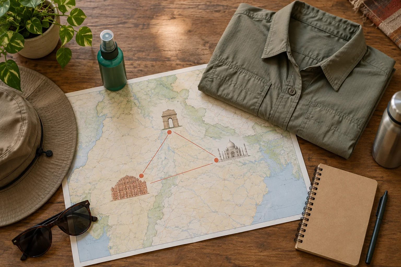 Insect repellent, permethrin-treated clothing, and a map of the Delhi Agra Jaipur route