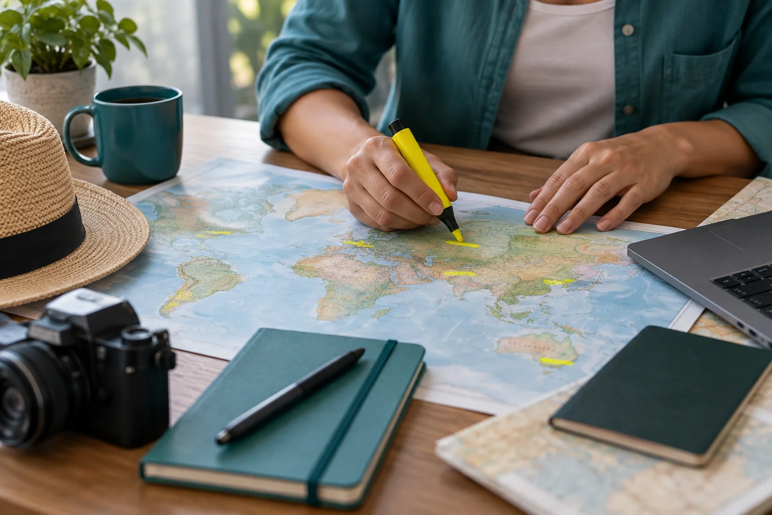 Overhead flat lay of a travel itinerary map, vaccine vials, and a stamped vaccination record on a desk